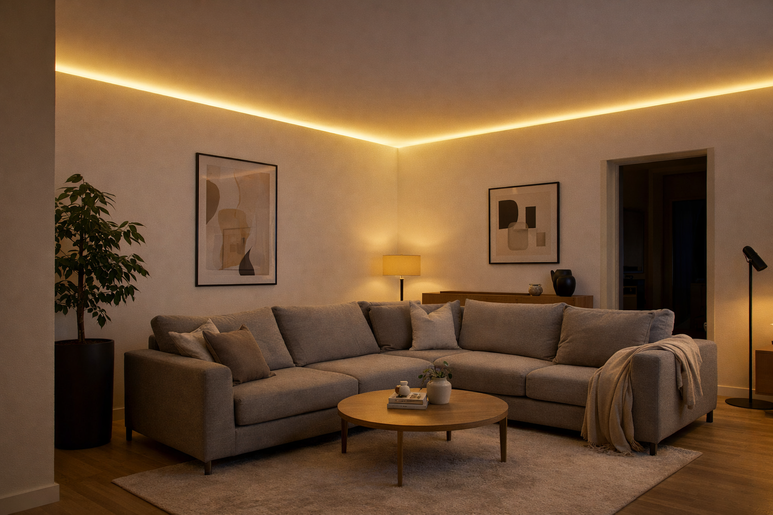 Schattenfugen Beleuchtung im Wohnzimmer mit indirekter LED Deckenbeleuchtung