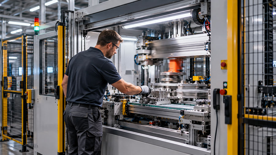 Arbeitsplatz an einer nachlaufenden Maschine mit bewegten Teilen Arbeitsplatz an einer nachlaufenden Maschine mit bewegten Teilen