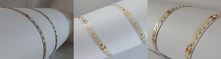 beim Kleben um durchgehende Rundungen (Rohre, etc...) ist ein minimaler Biegeradius von 2cm für 2835 LEDs und 3cm für 5050LEDs einzuhalten