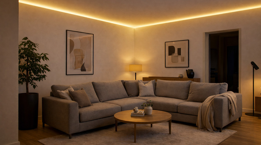 Schattenfugen Beleuchtung als indirekte LED Lichtlinie entlang der Decke